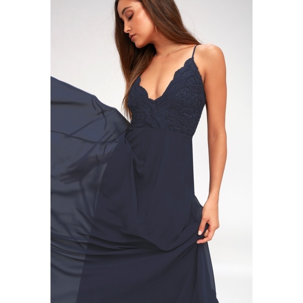 Lulus Madalyn Navy Blue Lace Maxi Dress - Size L